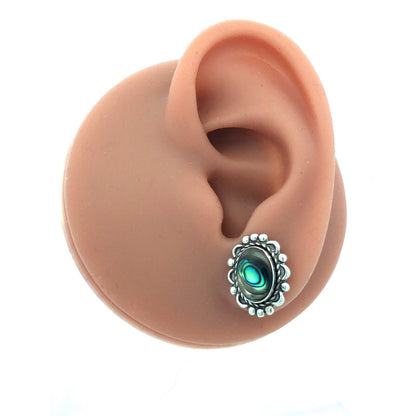 Vintage 925 Sterling Silver Oval Abalone Cabochon Beaded Scroll Stud Earrings