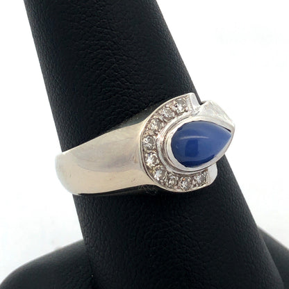Designer 14K White Gold Blue Star Sapphire Diamond Accented Modernist Ring