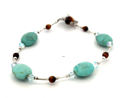 Estate 925 Sterling Silver Turquoise Tigers Eye Crystal Beaded Toggle Bracelet