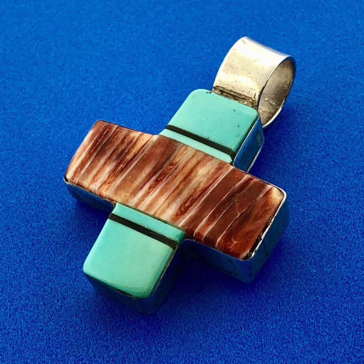 Native American Signed Sterling Silver Turquoise Black Onyx Jasper Cross Pendant