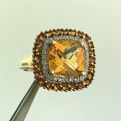 Designer 14K Yellow Gold Citrine Diamond Citrine Halo Statement Anniversary Ring