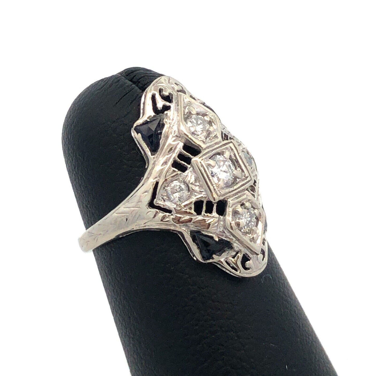 Vintage Art Deco 14K White Gold Diamond Lab Created Sapphire Filigree Oval Ring