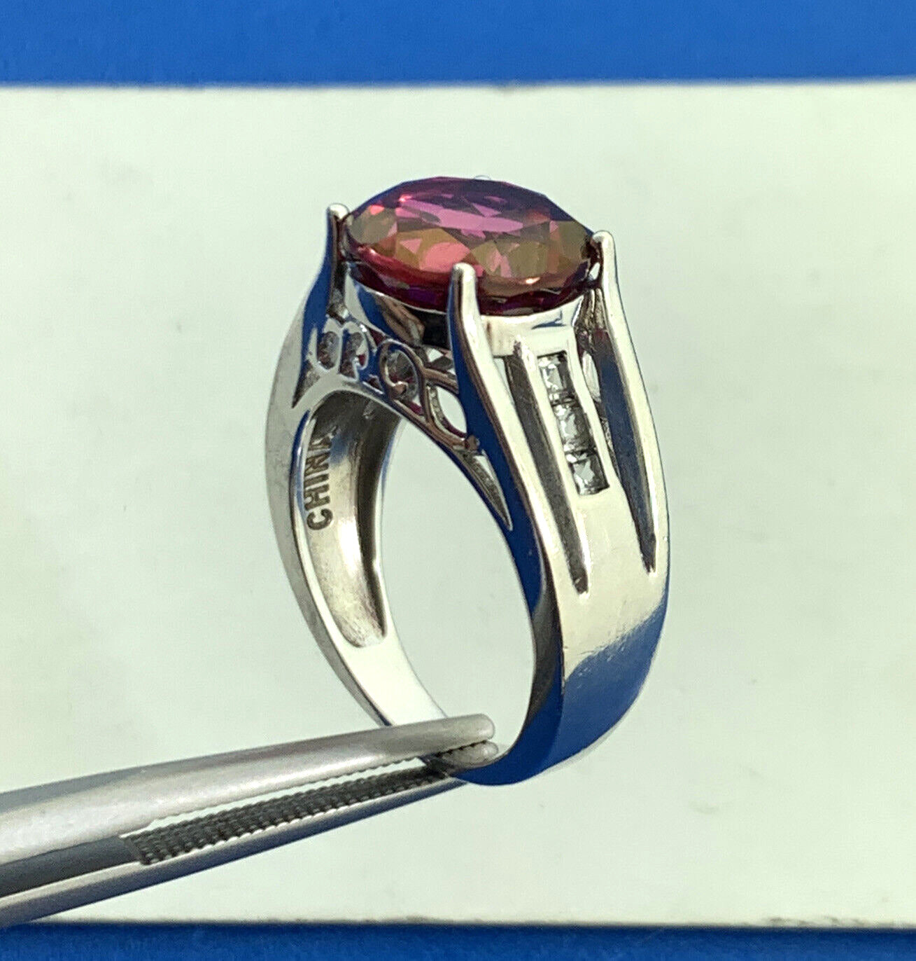 Designer BBJ 925 Sterling Silver Ruby Solitaire White Topaz Accent Cocktail Ring