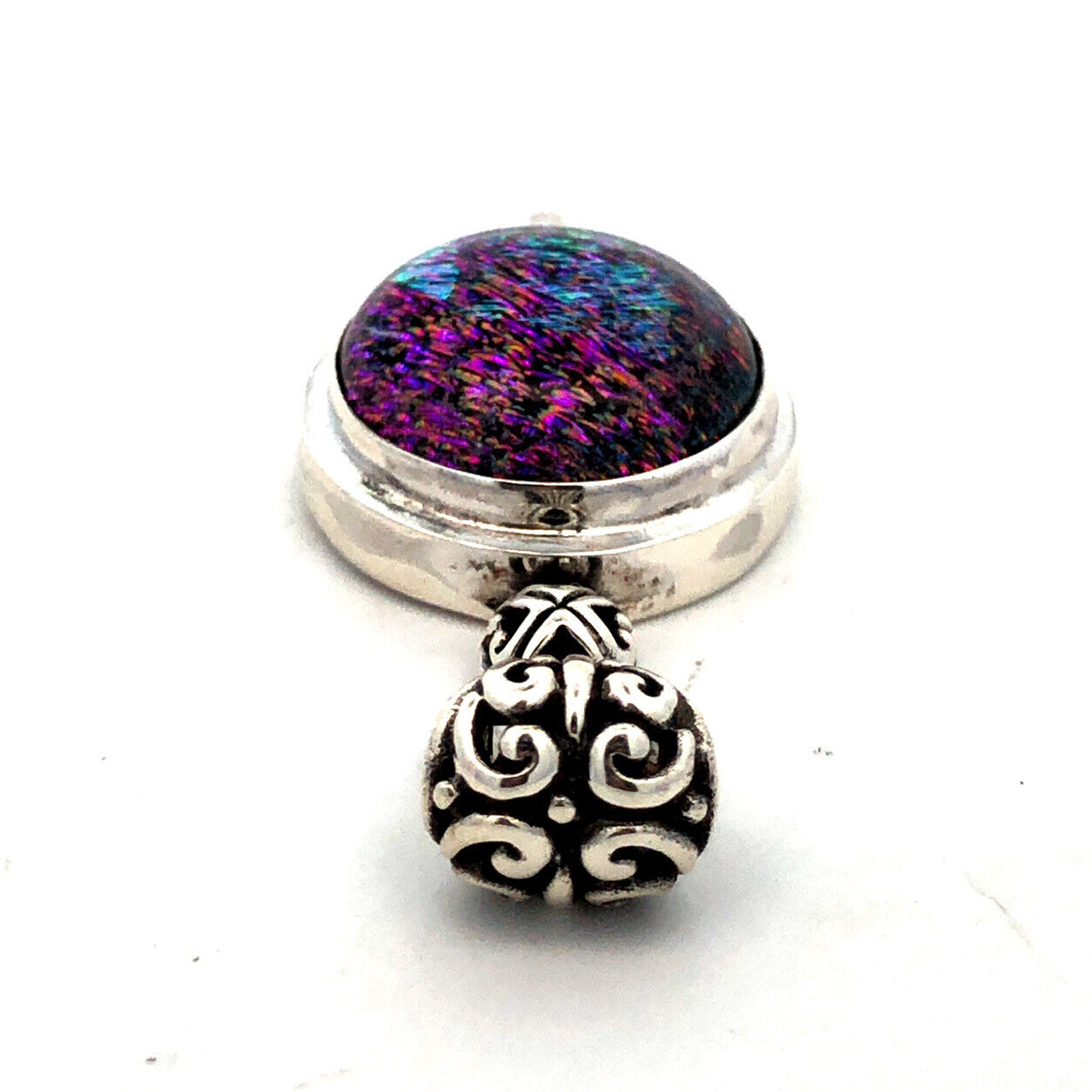 Vintage 925 Sterling Silver Round Purple Green Dichroic Glass Pendant