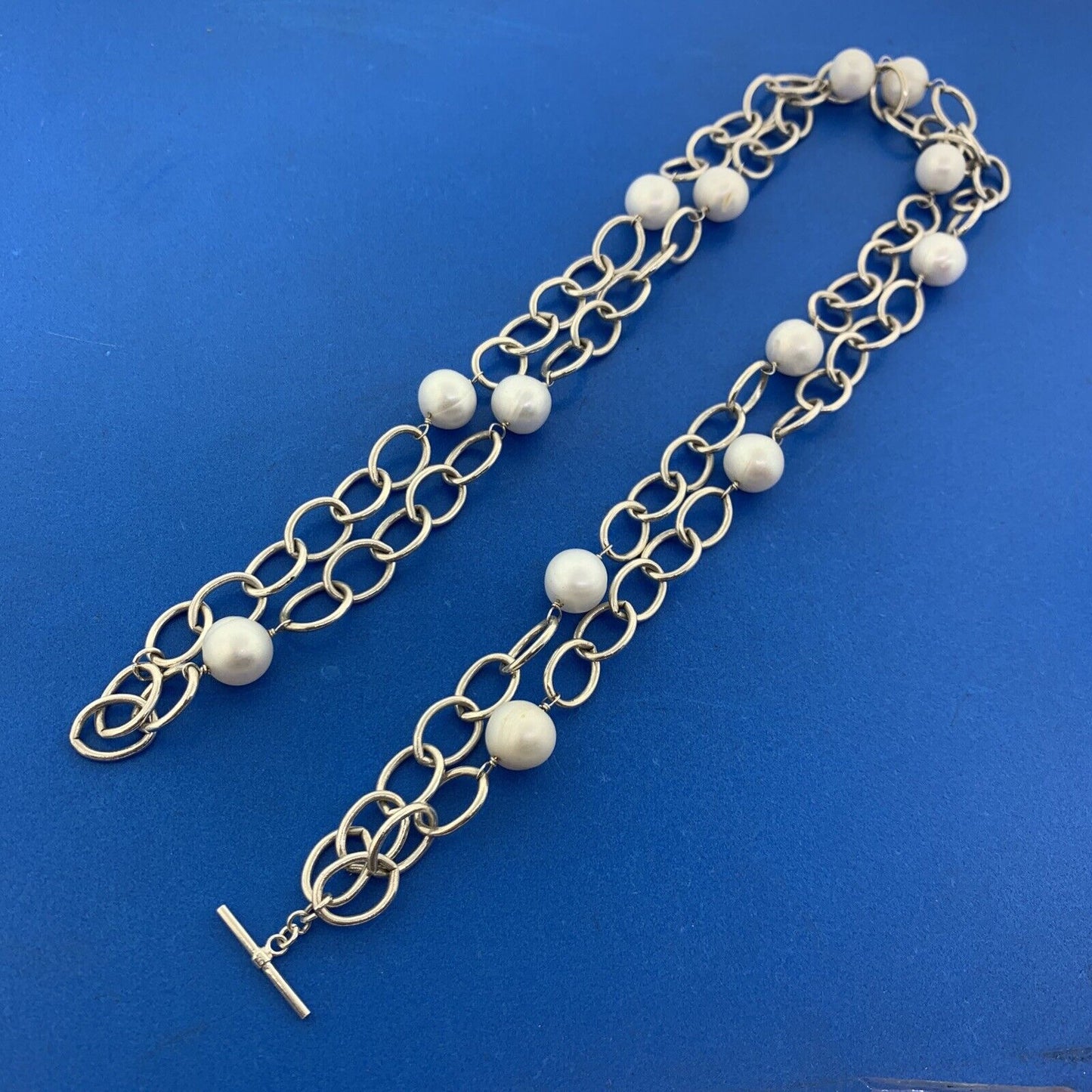 925 Sterling Silver Baroque Pearl Oval Link Double Chain Toggle Necklace