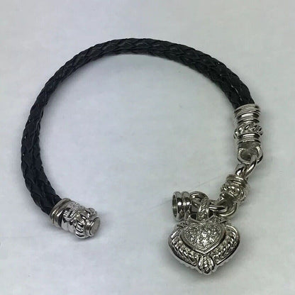 Judith Ripka Sterling Silver 925 Diamonique CZ Heart Charm Leather Bracelet