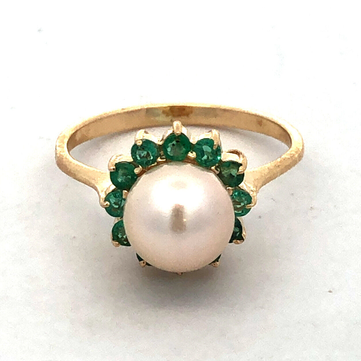 Designer 14K Yellow Gold Round Pearl Green Tourmaline Halo Cocktail Ring