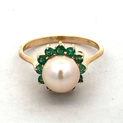Designer 14K Yellow Gold Round Pearl Green Tourmaline Halo Cocktail Ring