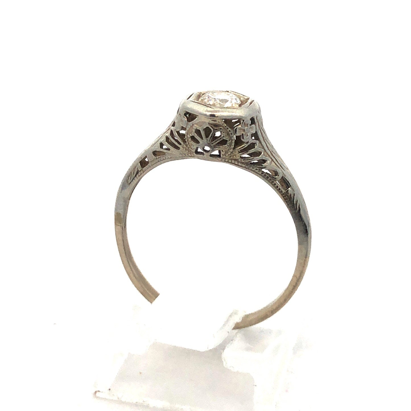 Art Nouveau Art Deco 14K White Gold Diamond Solitaire Filigree Engagement Ring