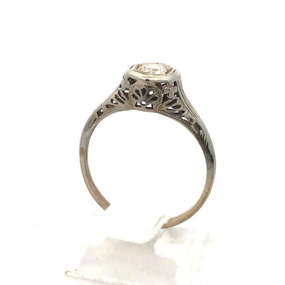Art Nouveau Art Deco 14K White Gold Diamond Solitaire Filigree Engagement Ring