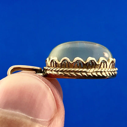 Vintage Art Deco 14K Yellow Gold Gray Green Quartz Cabochon Oval Charm Pendant