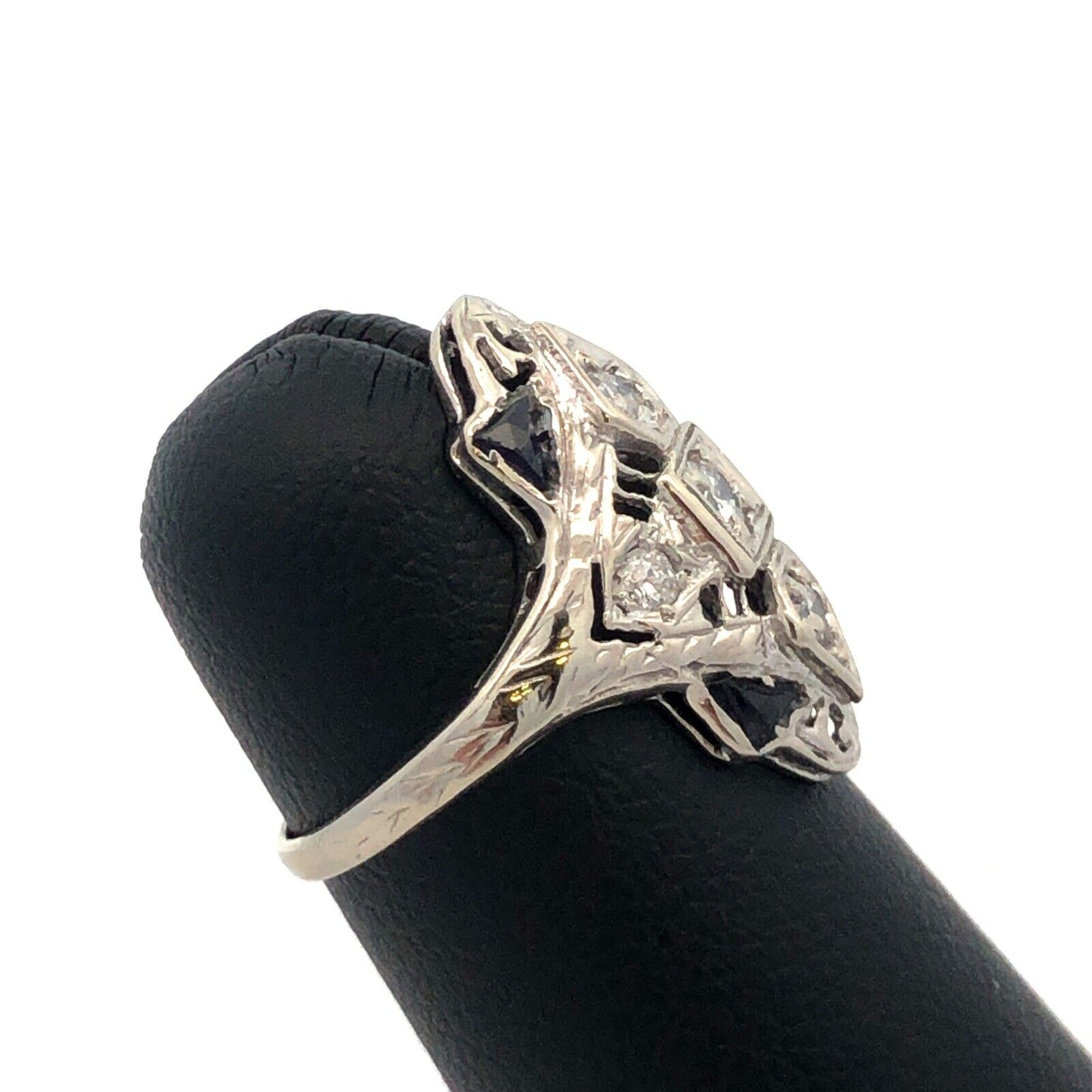 Vintage Art Deco 14K White Gold Diamond Lab Created Sapphire Filigree Oval Ring