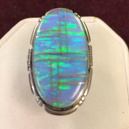 Navajo James Shay JS Sterling Silver 925 Oval Fire Opal Inlay Statement Ring