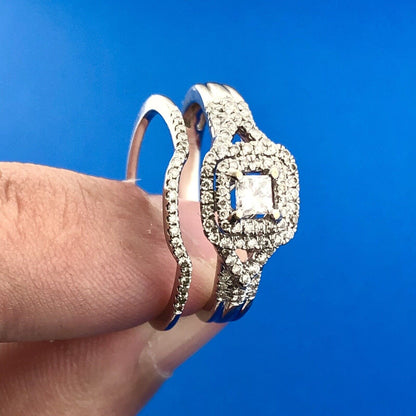 14K White Gold Princess Diamond Center Solitaire Double Halo 2 Ring Bridal Set
