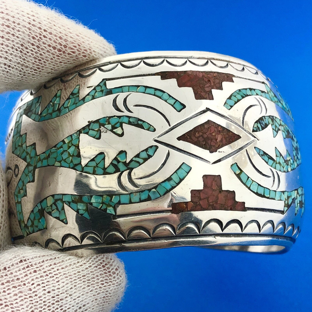 Native American Sterling Silver Turquoise Coral Inlay Storyteller Cuff Bracelet