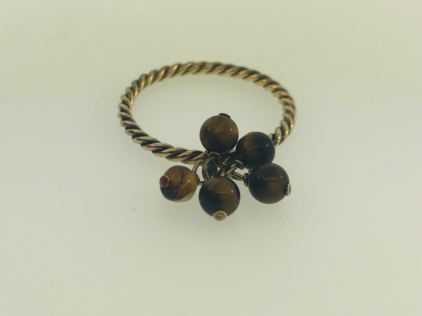 Vintage Sterling Silver 925 Brown Tigers Eye Bead Ball Dangle Cocktail Ring