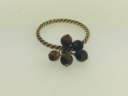 Vintage Sterling Silver 925 Brown Tigers Eye Bead Ball Dangle Cocktail Ring
