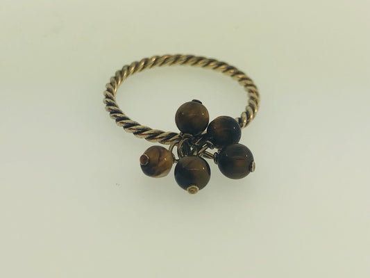 Vintage Sterling Silver 925 Brown Tigers Eye Bead Ball Dangle Cocktail Ring