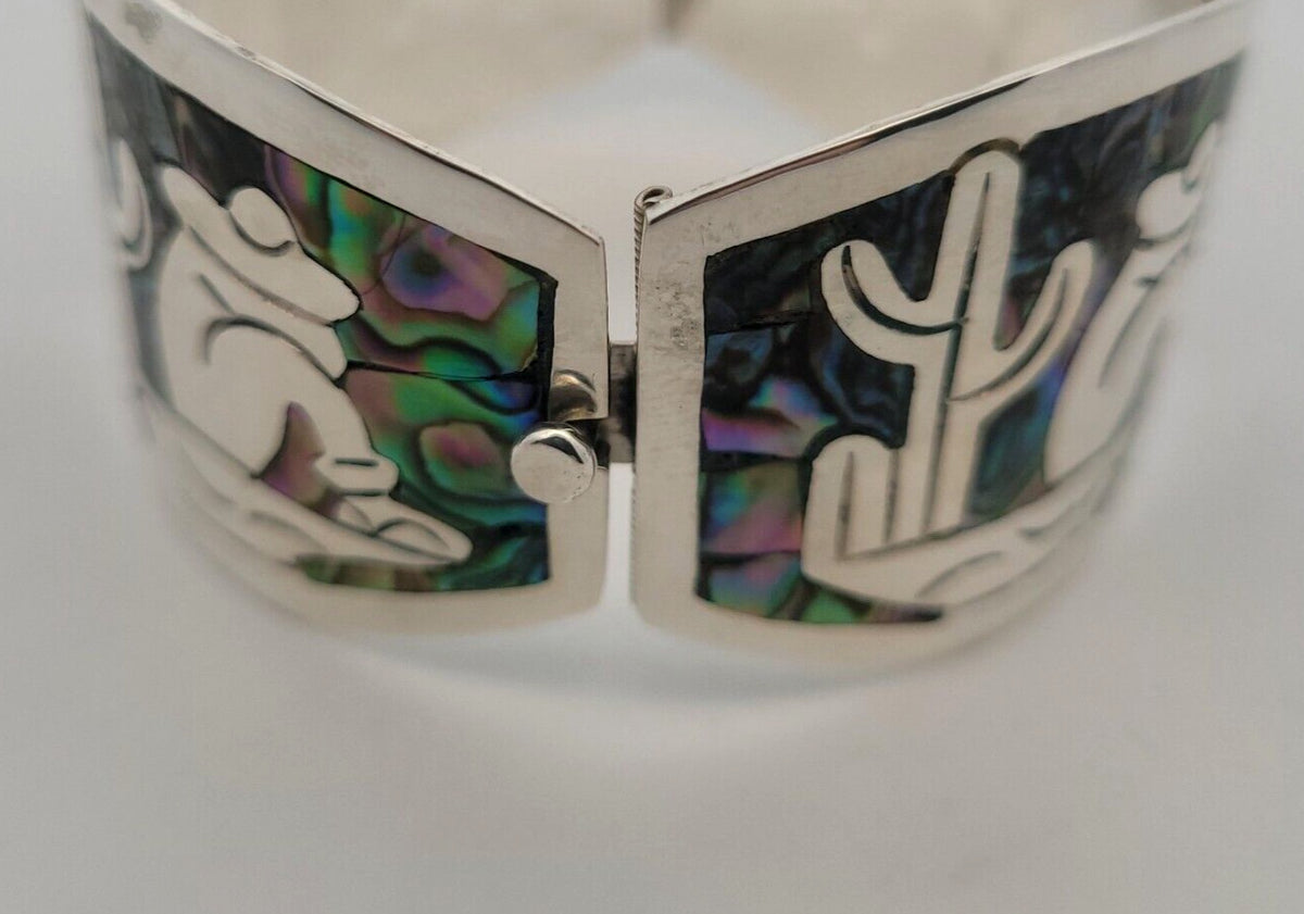 Vintage Mexico Taxco CS Sterling Silver Abalone Inlay Oval Panel Cuff Bracelet