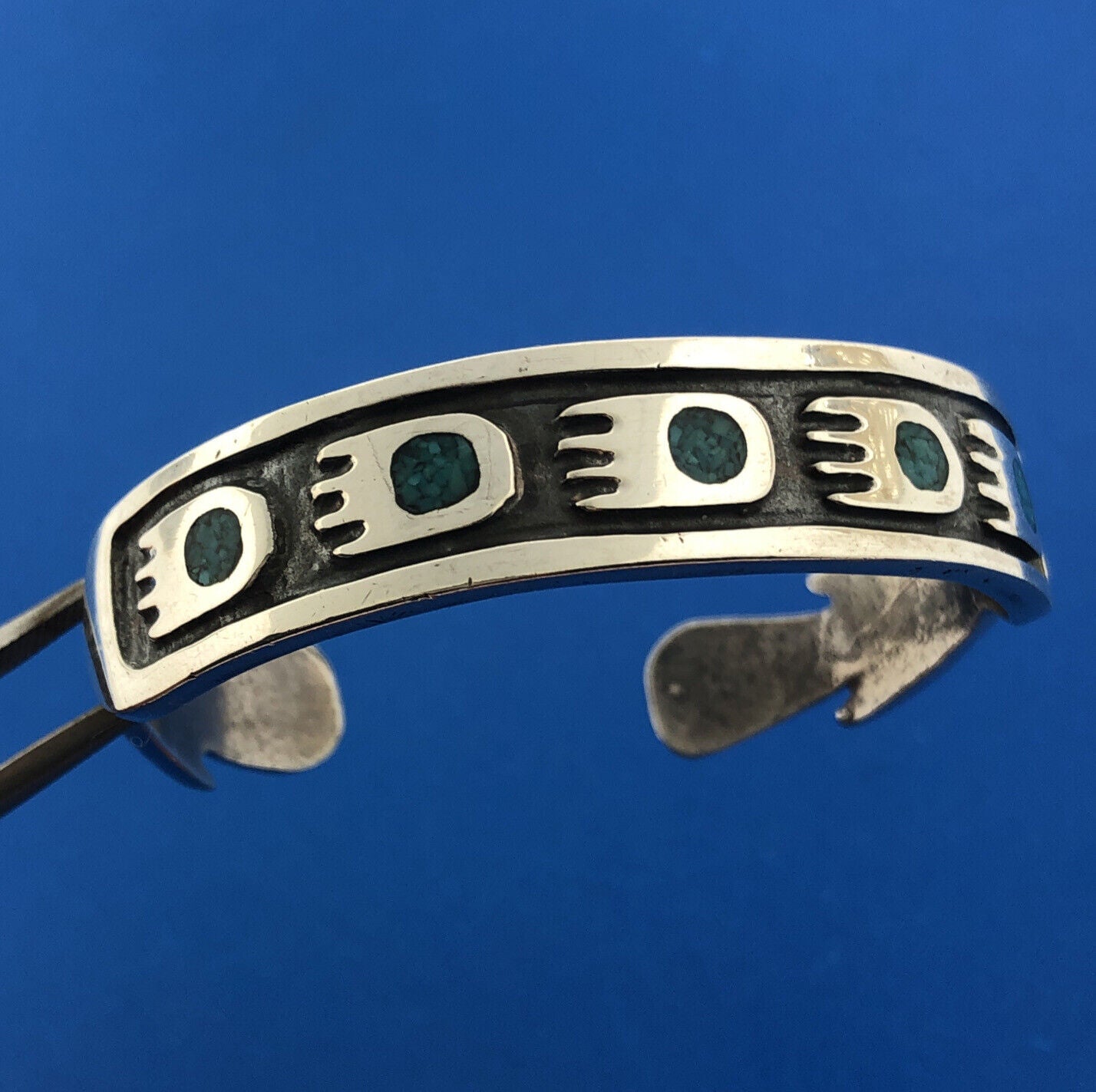 Old Pawn Native American 925 Sterling Silver Turquoise Inlay Bear Claw Bracelet