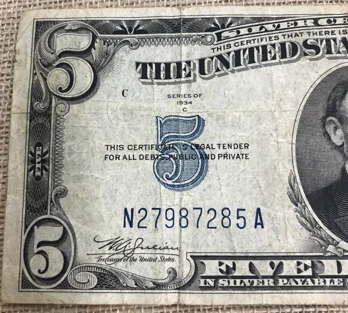 1934 C $5 United States Silver Certificate Julian/Snyder Fr. 1653