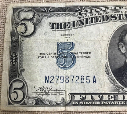 1934 C $5 United States Silver Certificate Julian/Snyder Fr. 1653