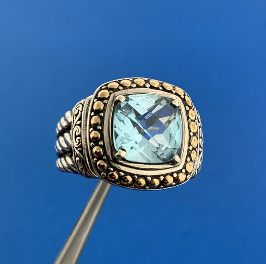 Designer 925 Sterling Silver 18K Yellow Gold Blue Topaz Balinese Style Ring