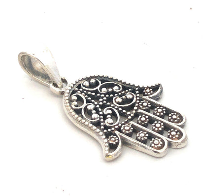 925 Sterling Silver Beaded Filigree Hamsa Good Luck Prosperity Pendant