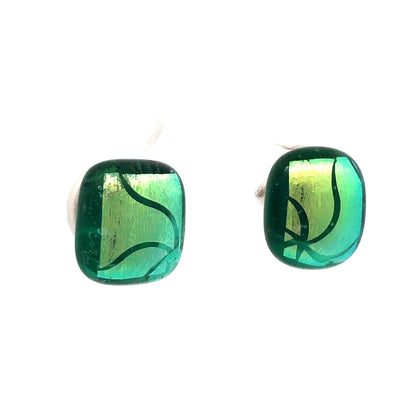 Vintage 925 Sterling Silver Rectangle Green Resin Star Foil Stud Earrings