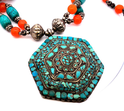 Vintage India Silver Plate Multi-Gemstone Turquoise Statement Beaded Necklace