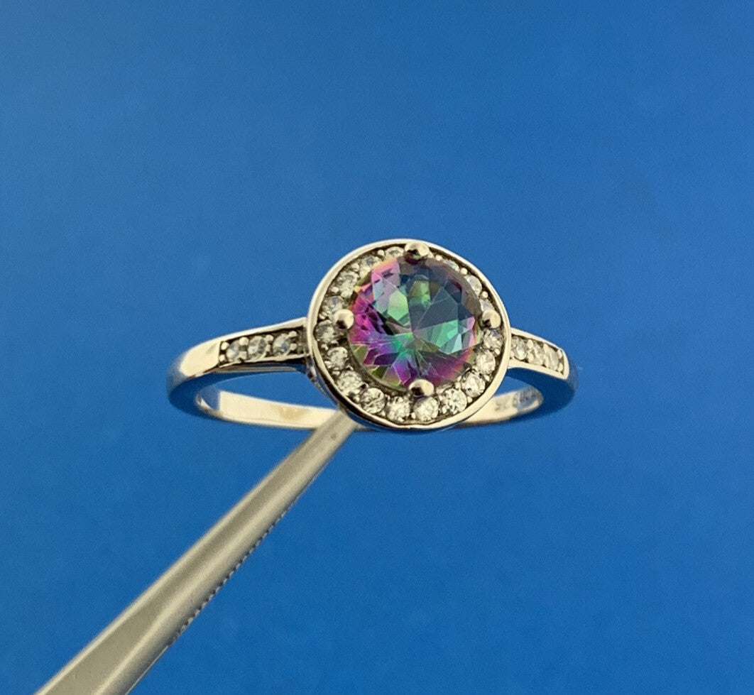 Designer Sterling Silver Mystic Topaz Cubic Zirconia Halo Cocktail Ring