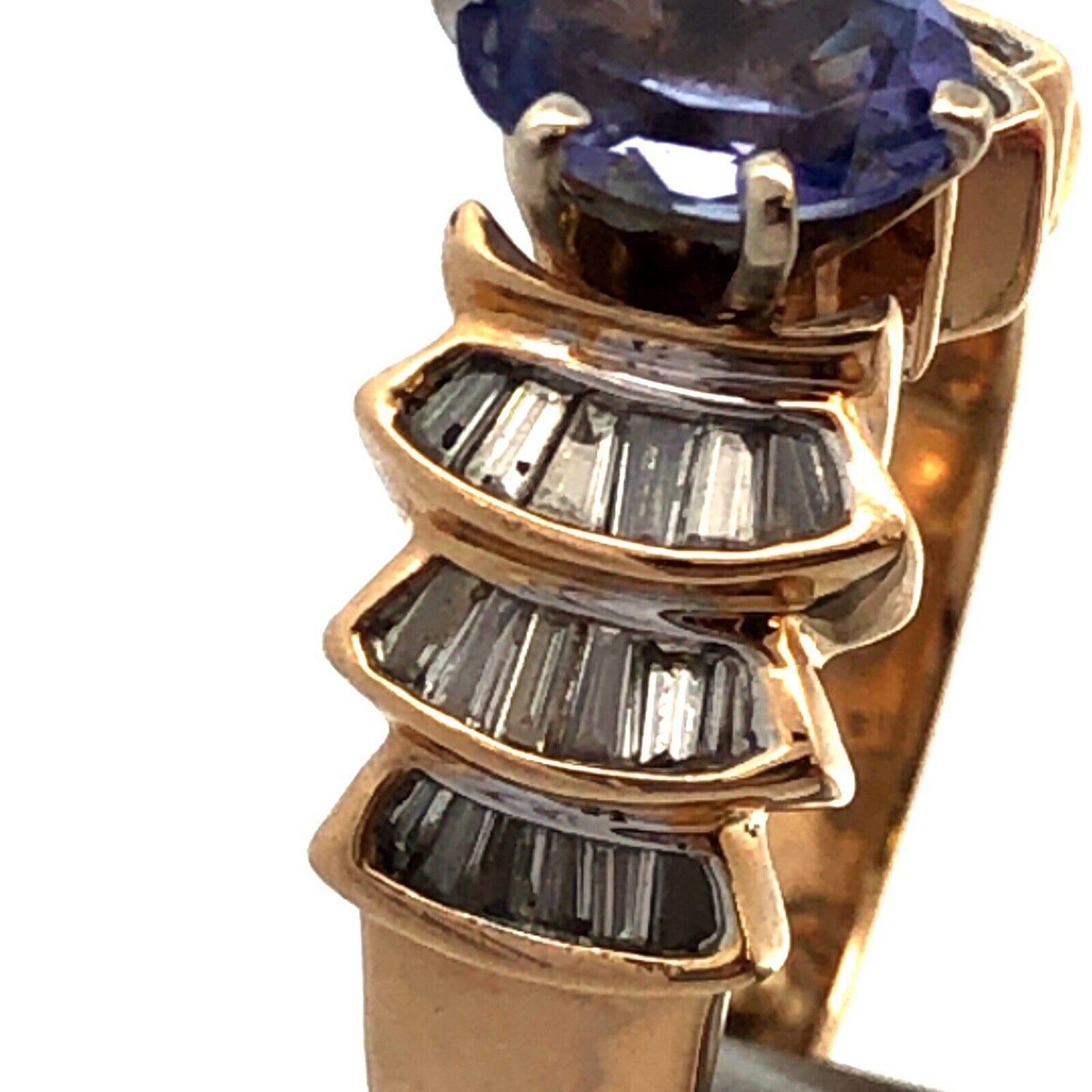 Designer 14K Yellow Gold Oval Tanzanite Diamond Baguette Accented Statement Ring