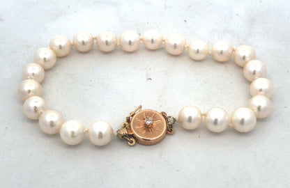 Designer 14K Yellow Gold Round White Pearl Beaded Diamond Bracelet