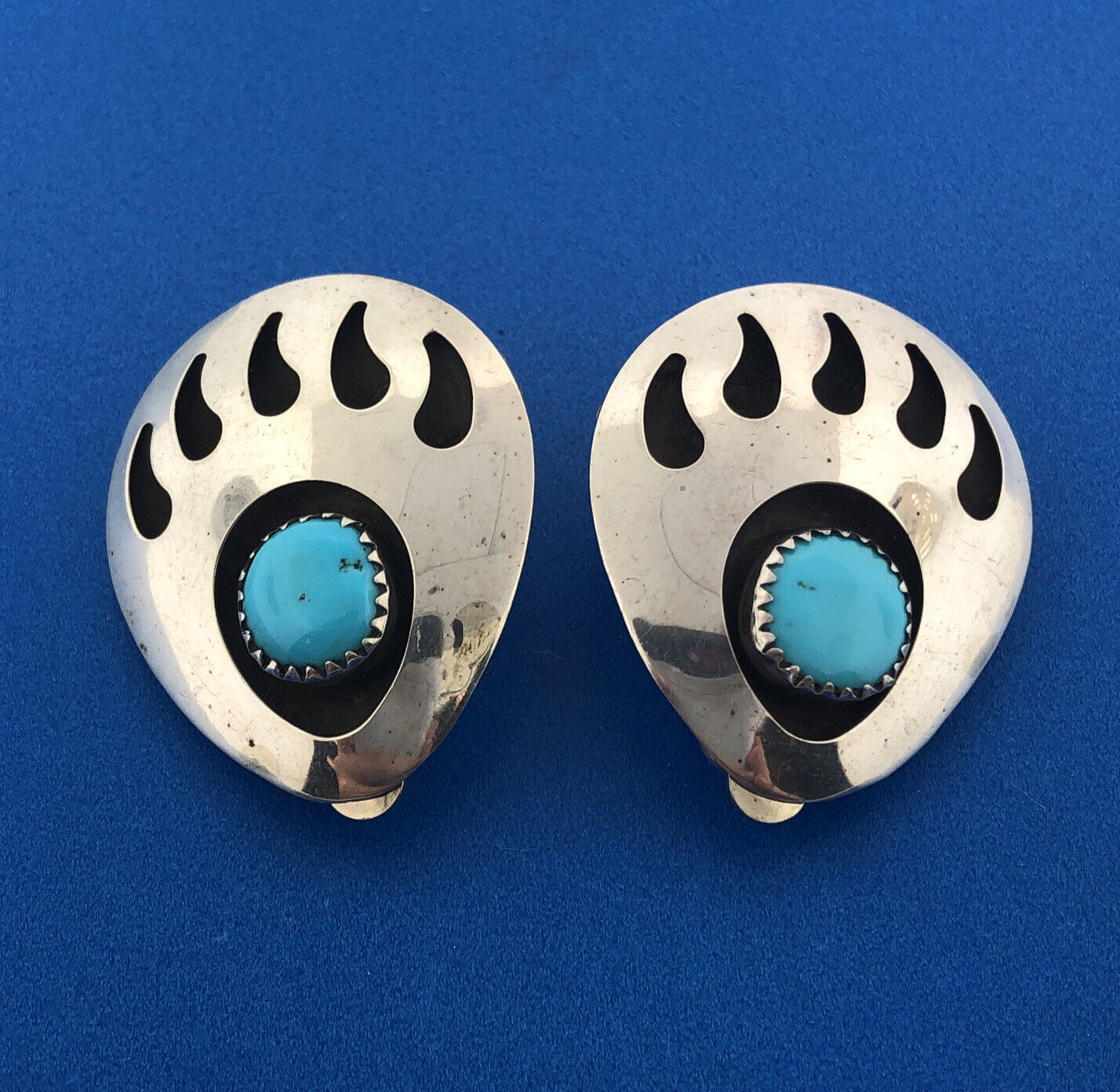 Native American Old Pawn 925 Sterling Silver Turquoise Bear Claw Clip Earrings