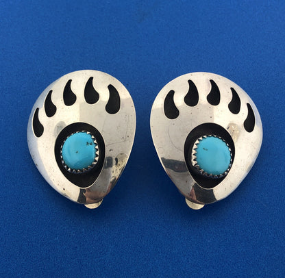 Native American Old Pawn 925 Sterling Silver Turquoise Bear Claw Clip Earrings