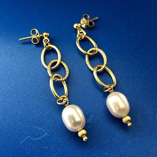 Italy Sterling Silver Vermeil Modernist Polished Twist Pearl Dangle Earrings
