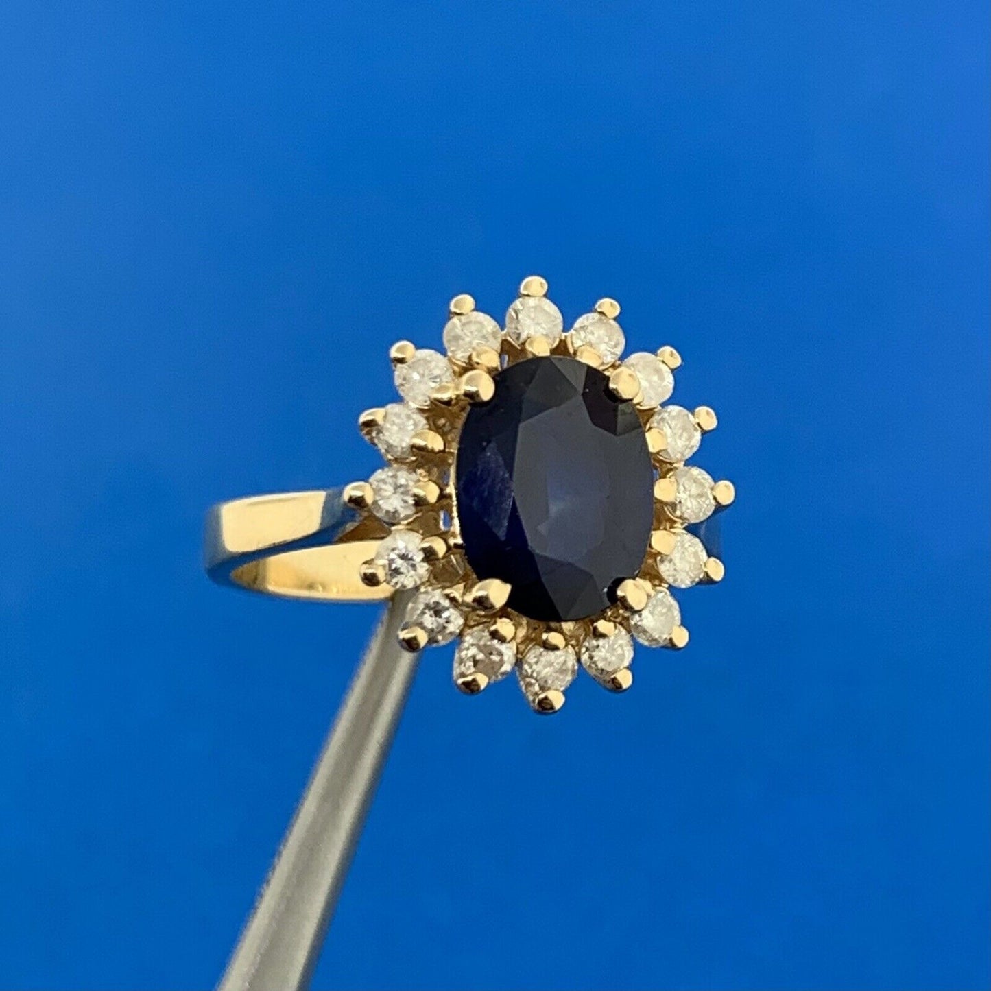 Designer 14K Yellow Gold Sapphire Diamond Halo September Anniversary Ring