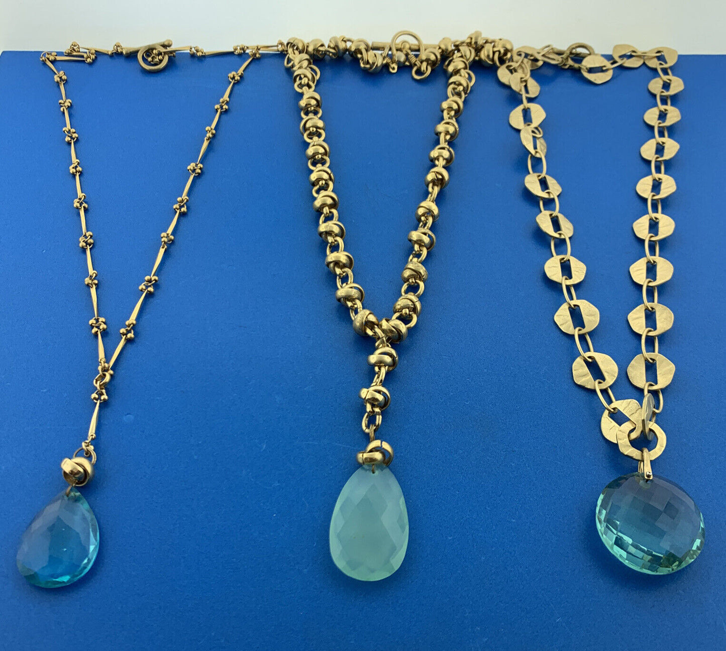 Vintage Carolina Herrara Gold Tone Aqua Blue Glass Drop Mix Match 3 Necklace Set