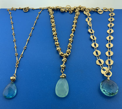 Vintage Carolina Herrara Gold Tone Aqua Blue Glass Drop Mix Match 3 Necklace Set
