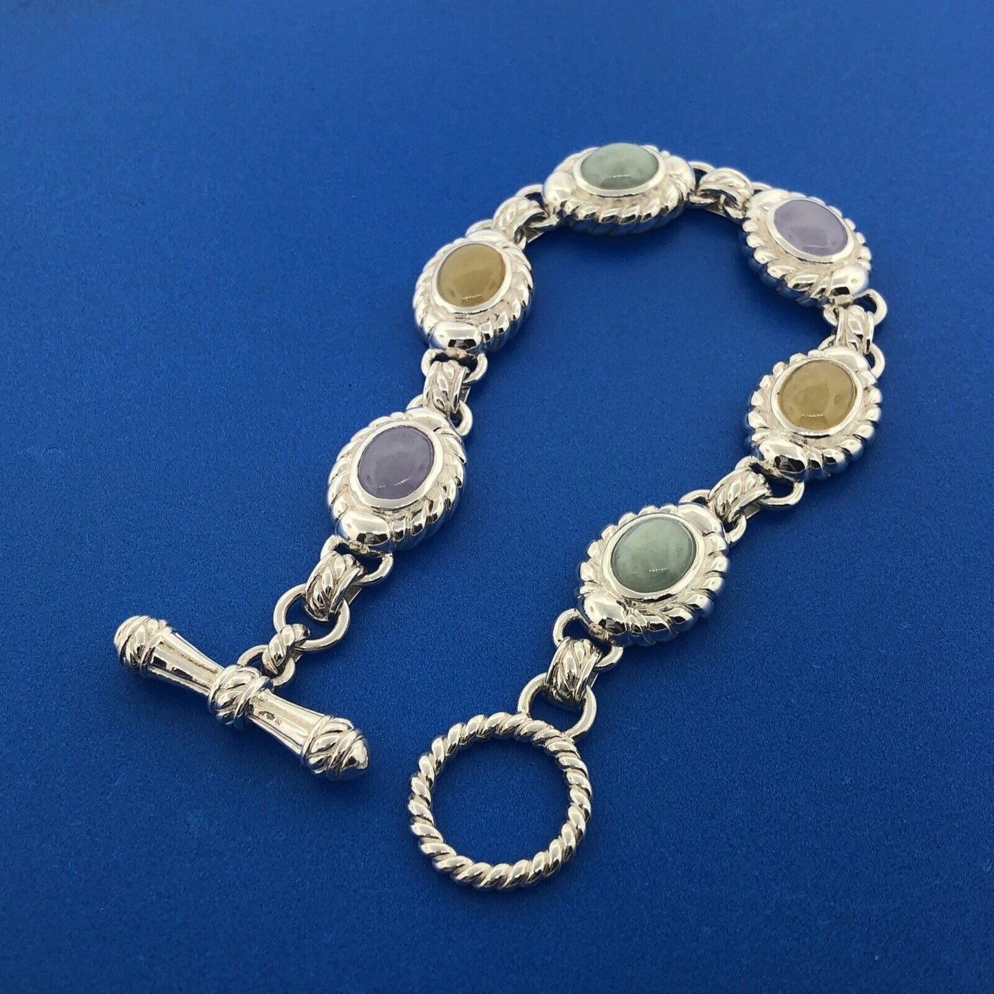 Sterling Silver Green Yellow Lavender Chalcedony Chakra Toggle Bracelet