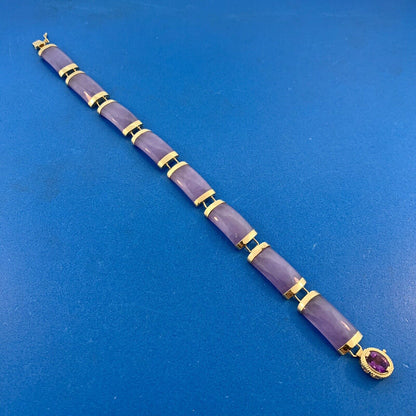 Designer 14K Yellow Gold Lavender Jade Bar Amethyst Statement Tennis Bracelet