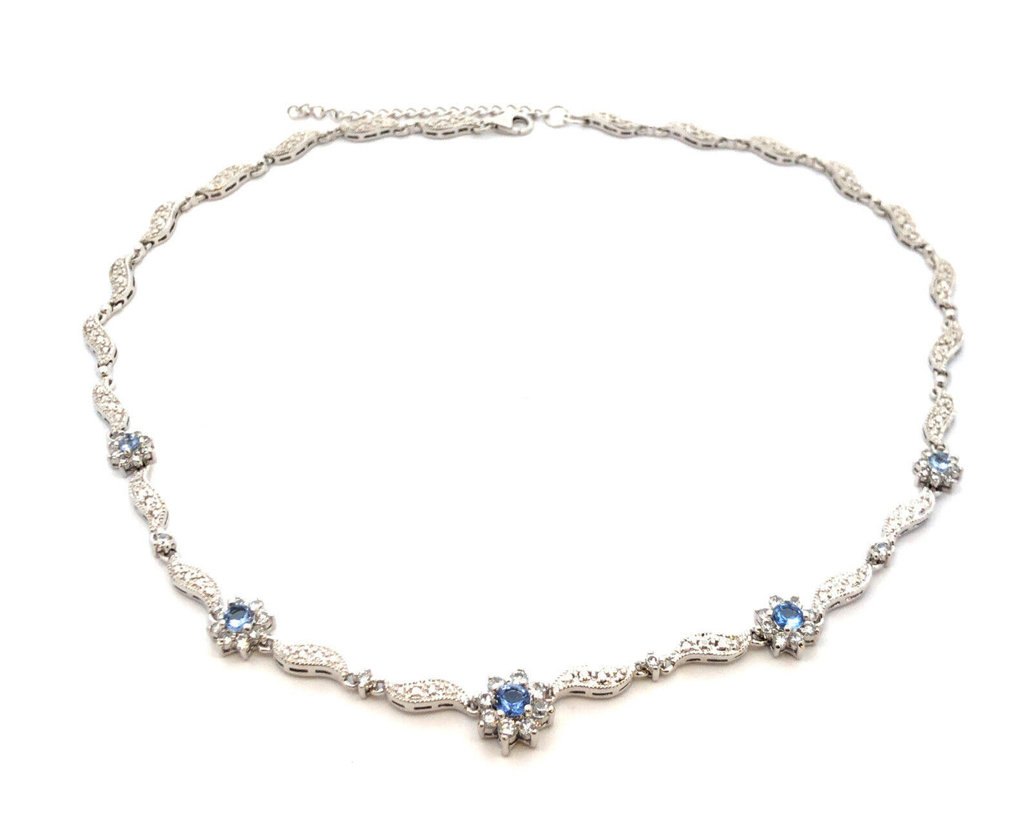 Blue and White Cubic Zirconia 925 Sterling Silver Flower Stations Necklace