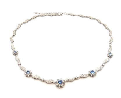 Blue and White Cubic Zirconia 925 Sterling Silver Flower Stations Necklace