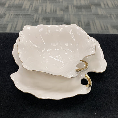 WCL China Set Of Two White Gold Rimmed Leaf Dip Candy Plate Bowl Dish