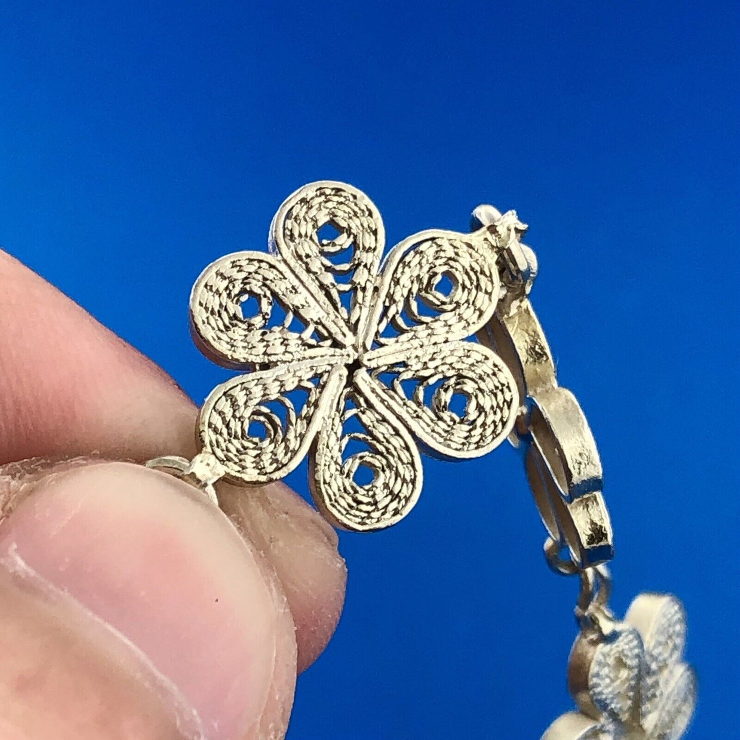 Retro 925 Sterling Silver Vermeil Two Toned Filigree Daisy Flower Panel Bracelet