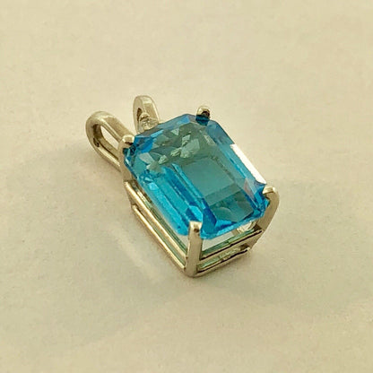 14K White Gold Rectangular Swiss Blue Topaz Diamond Accent Pendant