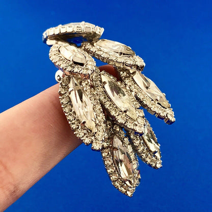 Dramatic Couture Silver Tone Rhinestone 3 Tier Dangle Statement Clip Earrings