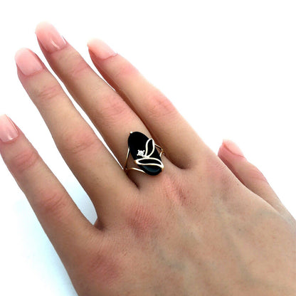 10K Yellow Gold Designer PSCO Oval Black Onyx Diamond Flower Statement Ring