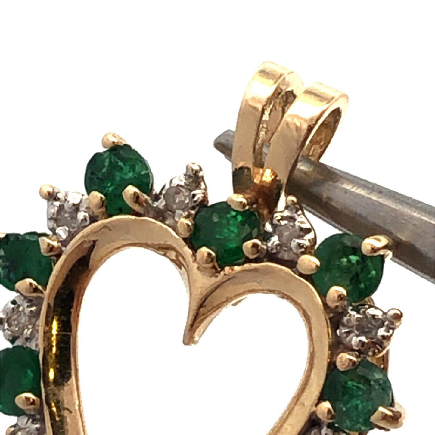 Vintage 10K Yellow Gold Round Emerald Diamond Accent Heart Anniversary Pendant