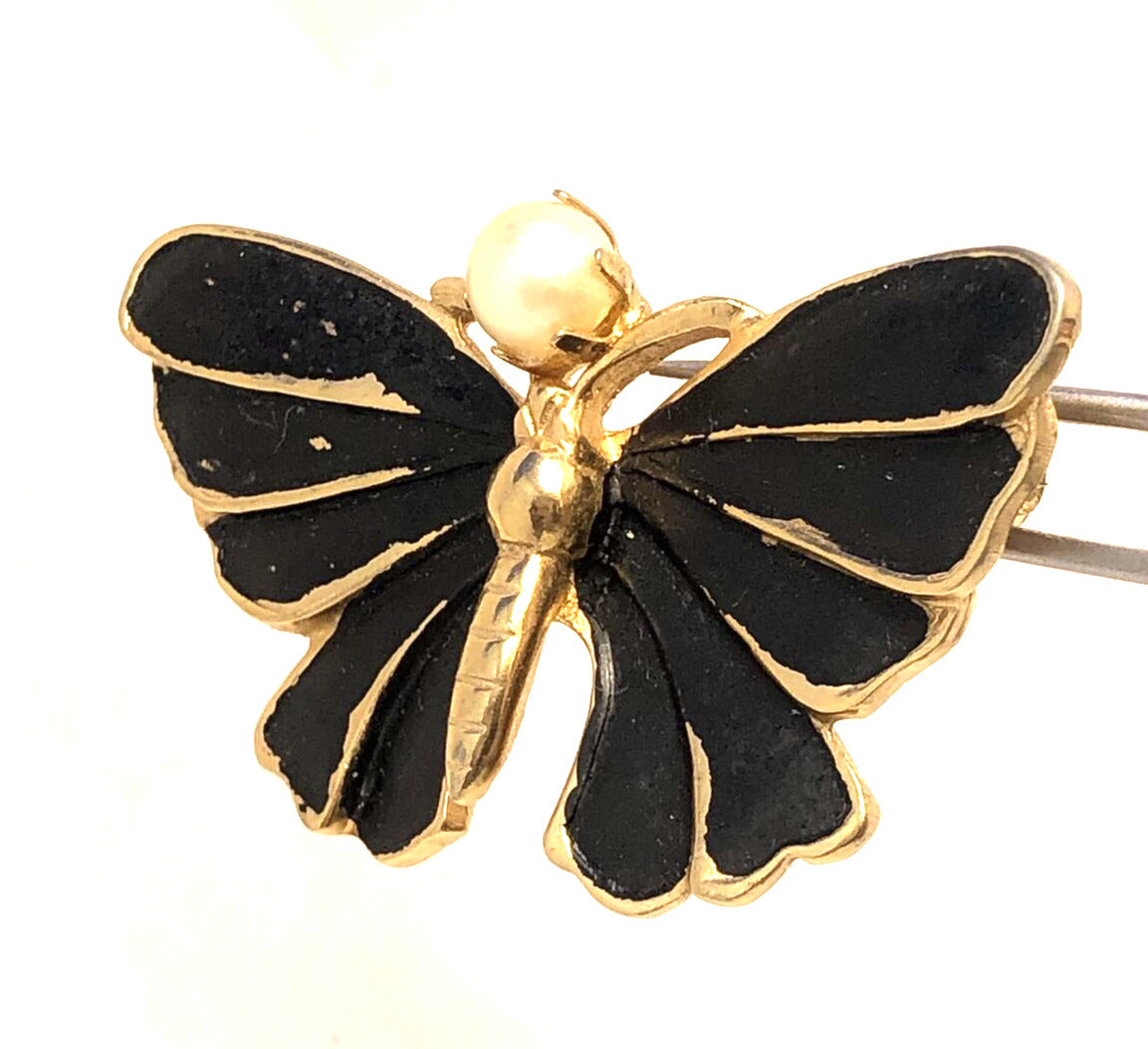 Vintage Designer Kramer Gold Tone Faux Pearl Black Enamel Moth Butterfly Brooch